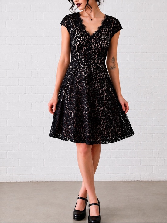 H&M Dresses & Skirts - H&M Black Lace Fit & Flare Dress M Pink Lined Romantic Goth Coquette